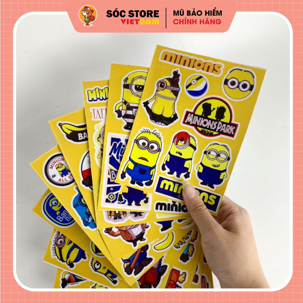 Sticker Minions Sóc Store chống nước custom, dán trang trí mũ bảo hiểm nửa đầu, nón bảo hiểm 3 phần 4