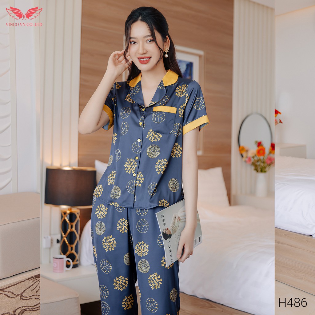 Bộ Đồ Ngủ Mặc Nhà Pyjama Nữ VINGO Lụa Pháp Cao Cấp Tay Cộc Quần Dài Họa Tiết Hoa Tuyết Thanh Lịch Hiện Đại H486 VNGO | BigBuy360 - bigbuy360.vn