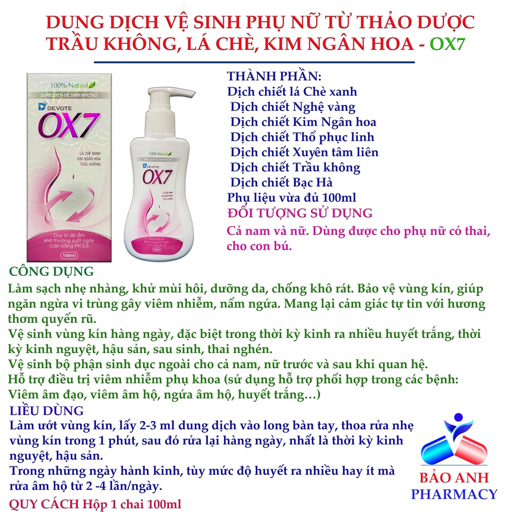 Dung dịch vệ sinh nữ Devote OX7 Dung dịch vệ sinh phụ nữ- An toàn cho cả mẹ bầu, sau sinh Chai 100ml