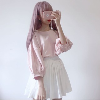 Áo kiểu nữ tay dài cổ tròn thời trang Hàn Quốc xinh xắn