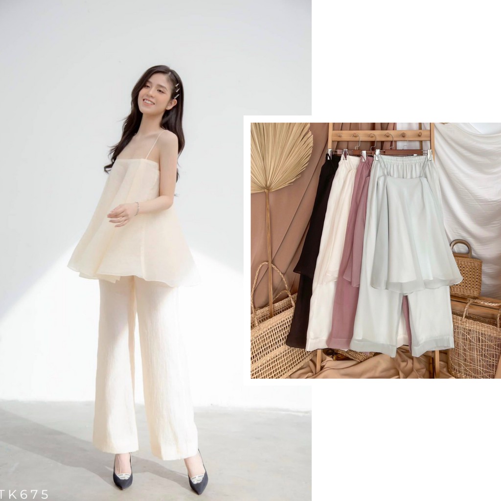 Y HÌNH - Set bộ áo 2 dây xốp xoè + quần suông ống rộng trắng kem / đen / hồng / xanh xám pastel mặc nhà du lịch đi biển