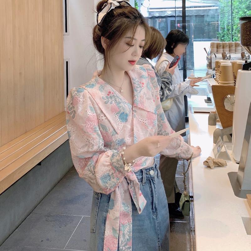 Áo sơ mi voan mỏng dáng ngắn họa tiết hoa thời trang mùa hè mới 2021 cho nữ