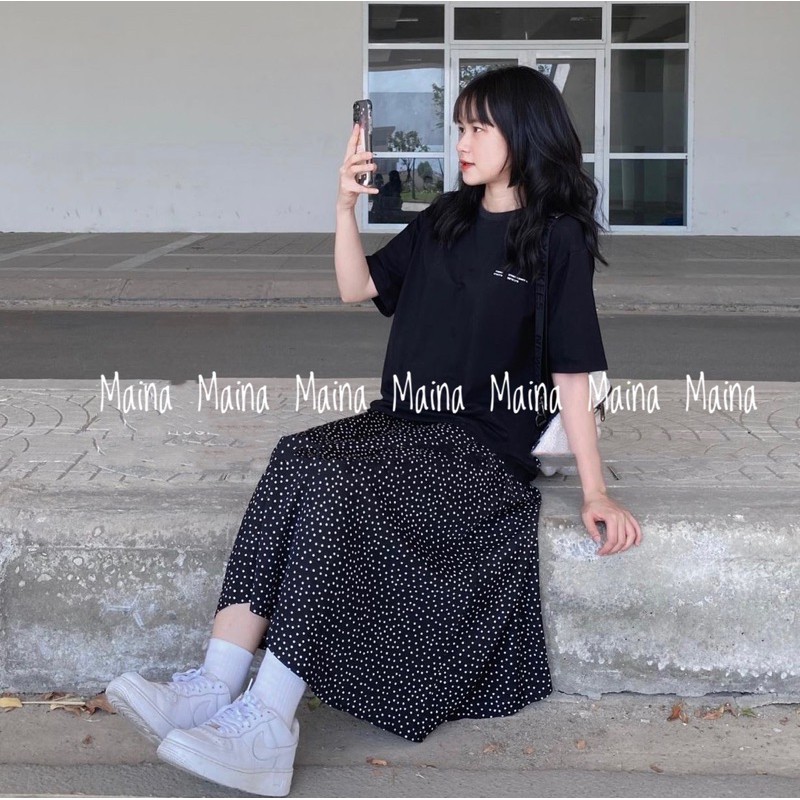 Chân váy chấm bi đen voan lụa siêu mát - Chân váy midi hottrend 2021 Maina | BigBuy360 - bigbuy360.vn