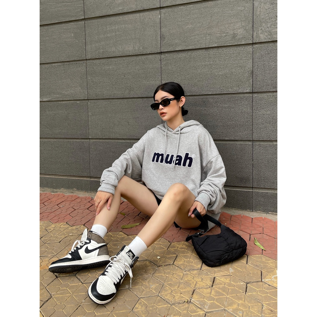 Áo hoodie chui đầu có nón chữ nổi Muah MIEU - HN12