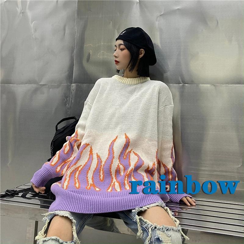 Áo sweater dệt kim dài tay cổ tròn dáng rộng in họa tiết ngọn lửa sáng tạo thời trang mùa thu cho nữ