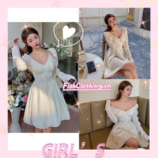 Sẵn S🎀Đầm lụa công chúa xoè trễ vai tay bồng ngực ren thắt dây vintage| Đầm ulzzang mặc 2kiểu du lịch prom kỷ yếu