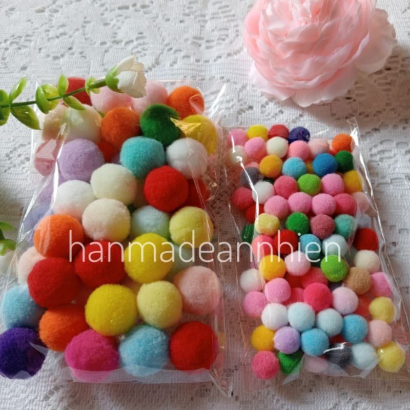 50 - 70 - 100 hạt bông PomPom 1cm, 1.5cm, 2cm / hạt bombom, trộn nhiều màu- Hình trang trí mầm mnon, lớp học
