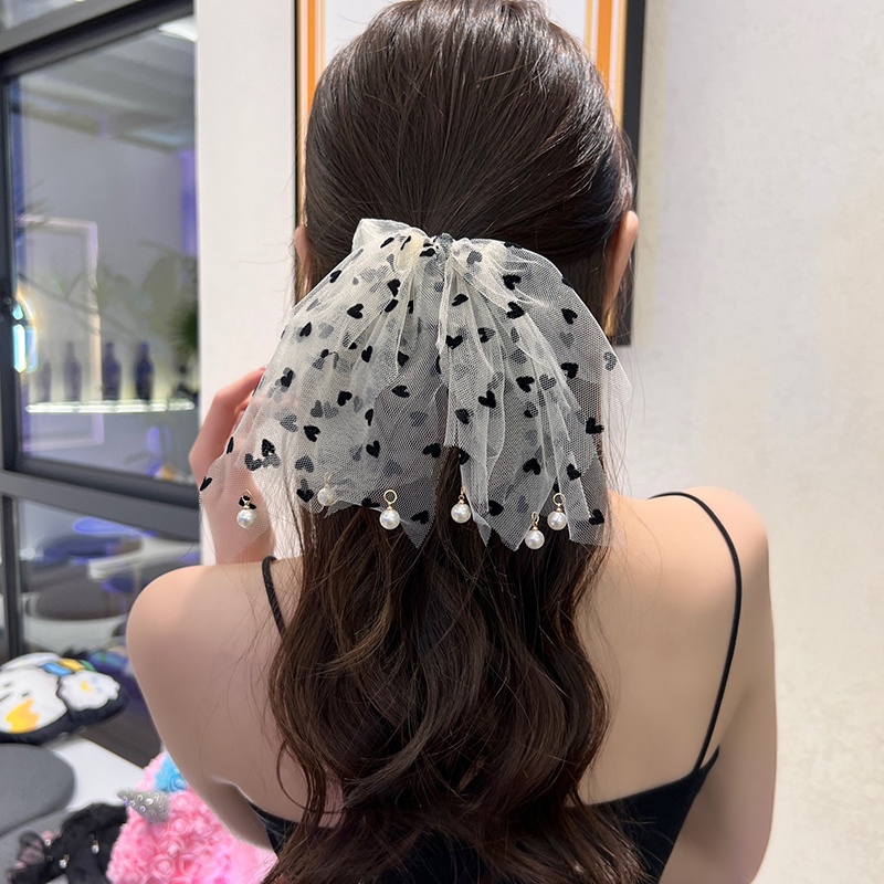 Dây Cột Tóc Vải Lưới Họa Tiết Chấm Bi Phối Tua Rua Và Ngọc Trai Xinh Xắn