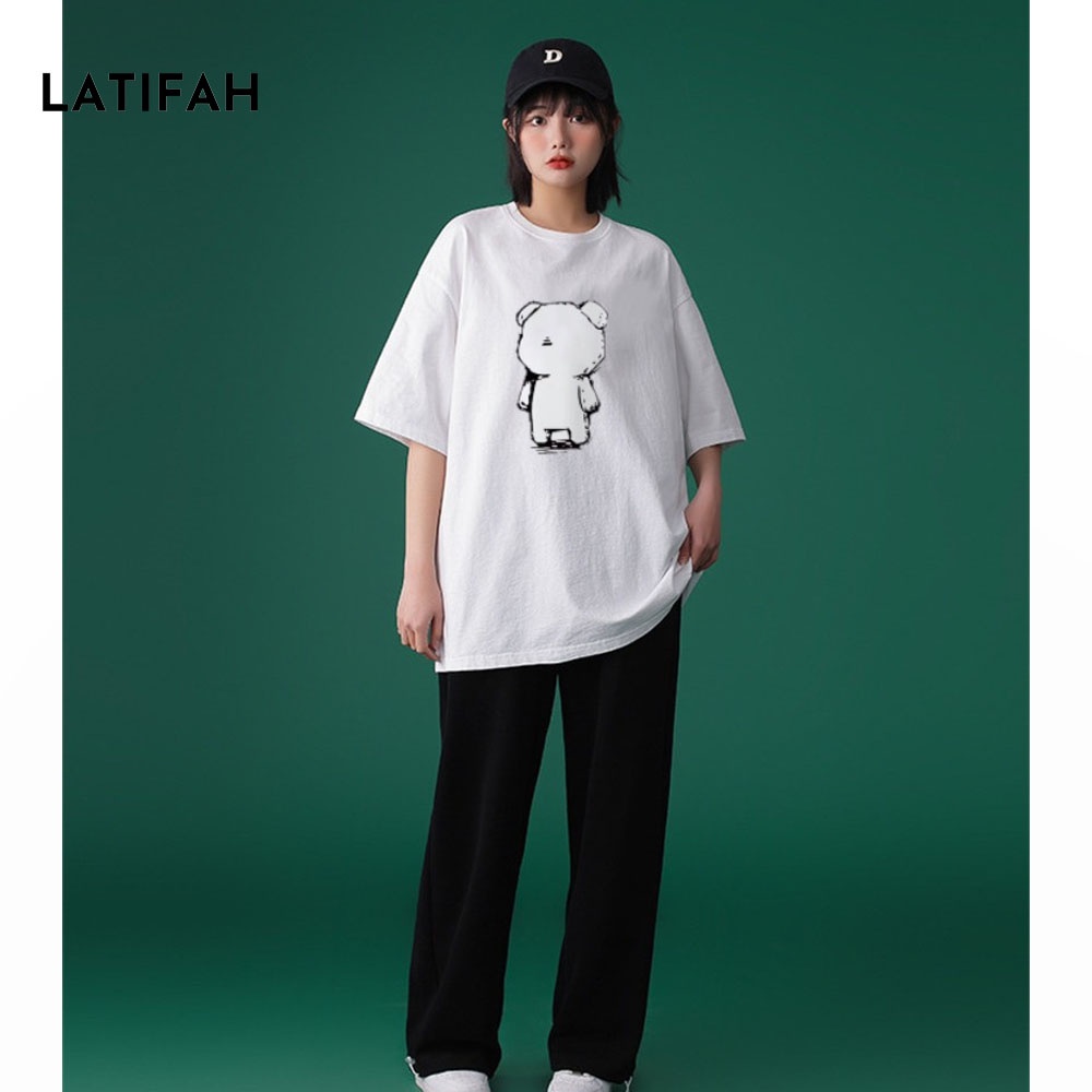 Áo thun unisex tay lỡ Latifah form rộng in hình CON GẤU AT06 chất vãi dày dặn co giãn 2 chiều