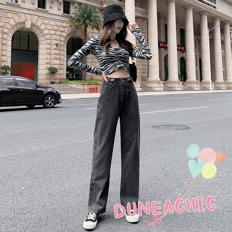DUNEA Quần Jean Dài Lưng Cao Ống Rộng Thời Trang Cá Tính Cho Nữ