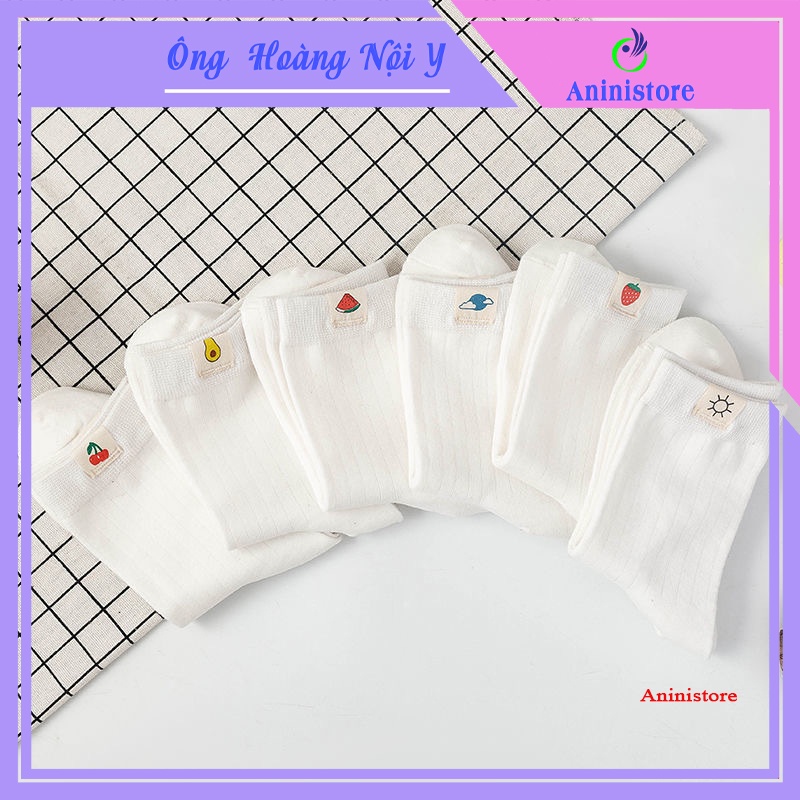 Tất cổ cao, vớ cổ cao nữ trắng họa tiết trái cây ở cổ vải cotton co giãn thời trang Hàn Quốc (TP 024 – Aninistore)