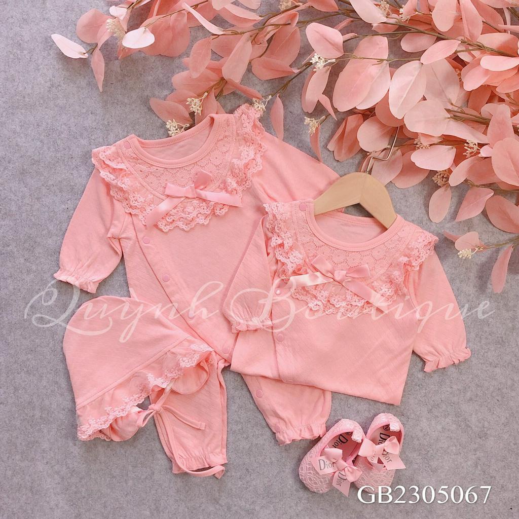 Quần áo sơ sinh [QUỲNH BOUTIQUE] Body công chúa dài tay kèm mũ cho bé 0-18M (Hồng, Trắng)