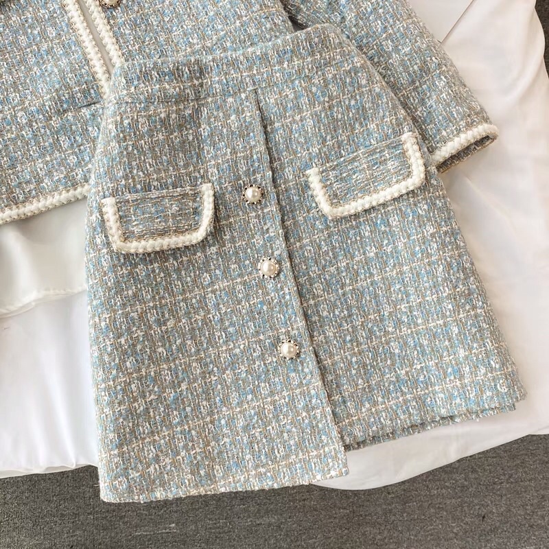 Set Áo khoác dạ weed 3 món kèm sơ mi cổ nơ và chân váy chữ A túi giả phong cách Hàn Quốc , set dạ tweed công sở