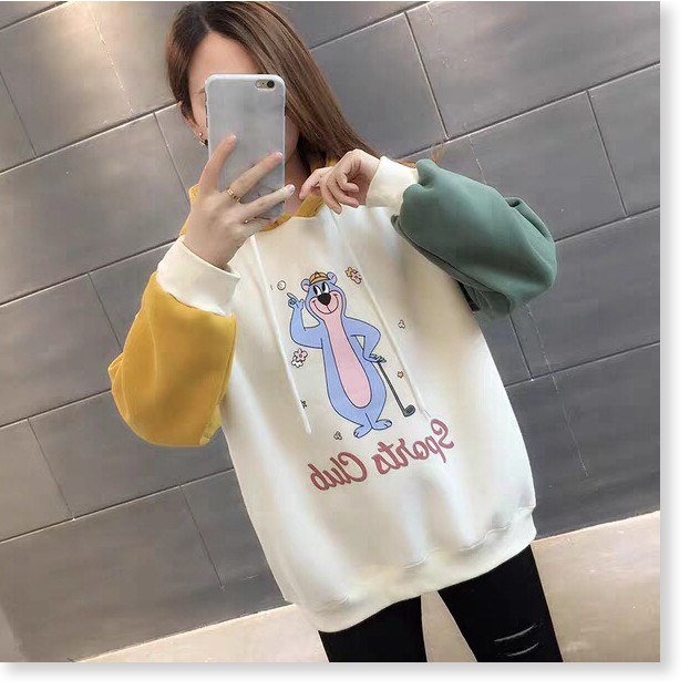 ÁO KHOÁC HOODIE NỮ PHỐI TAY HAI MAU HÌNH SIÊU CUTE