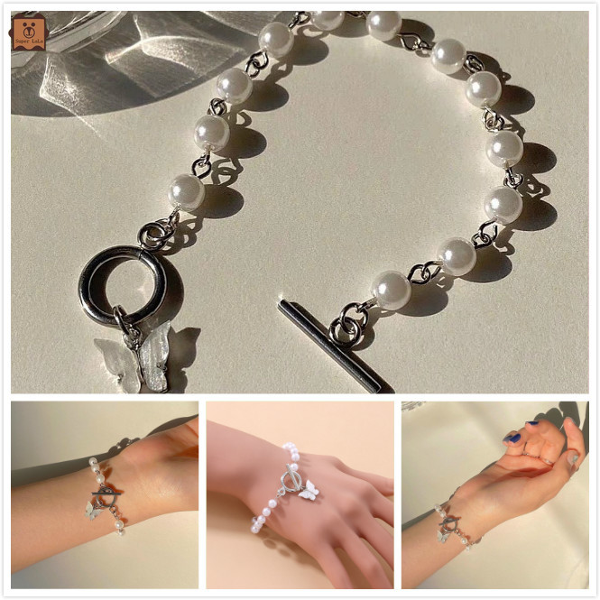 Vòng tay chuỗi hạt ngọc trai mặt dây hình bướm xinh xắn thời trang kiểu Hàn cho nữ