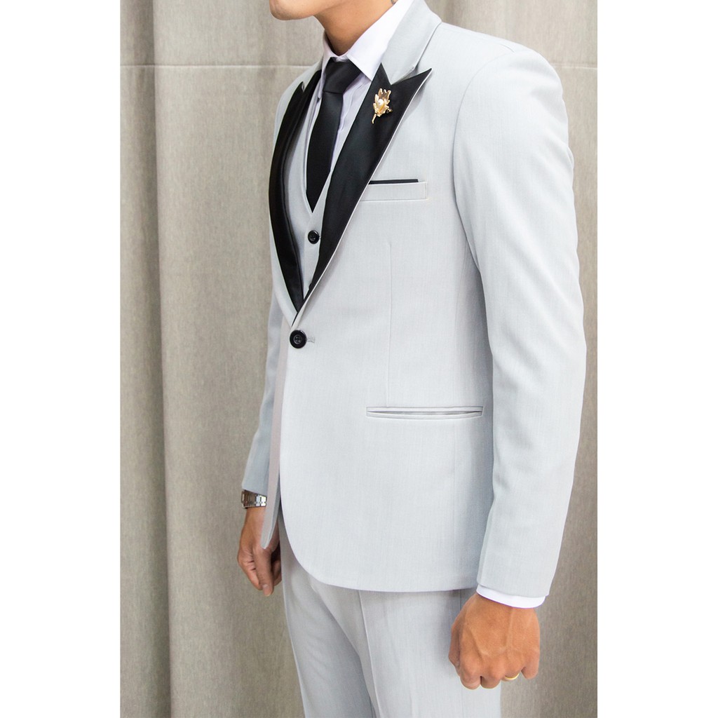 Bộ vest nam và gile sơ mi ôm body màu xám cổ ve ngóc phi đen