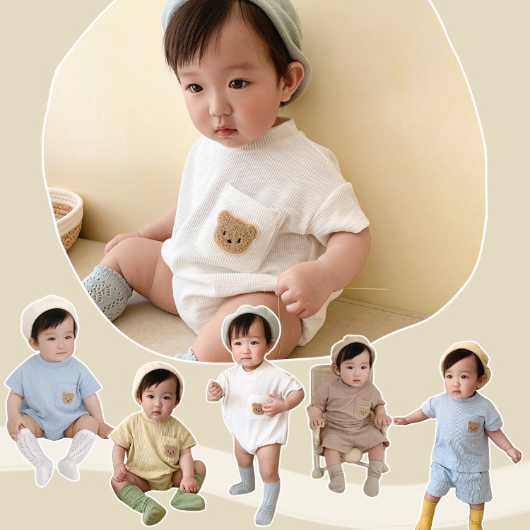 Bộ Áo Liền Quần Tay Ngắn Chất Liệu Cotton Mềm Thêu Hình Chú Gấu Dễ Thương Cho Bé Trai + Gái