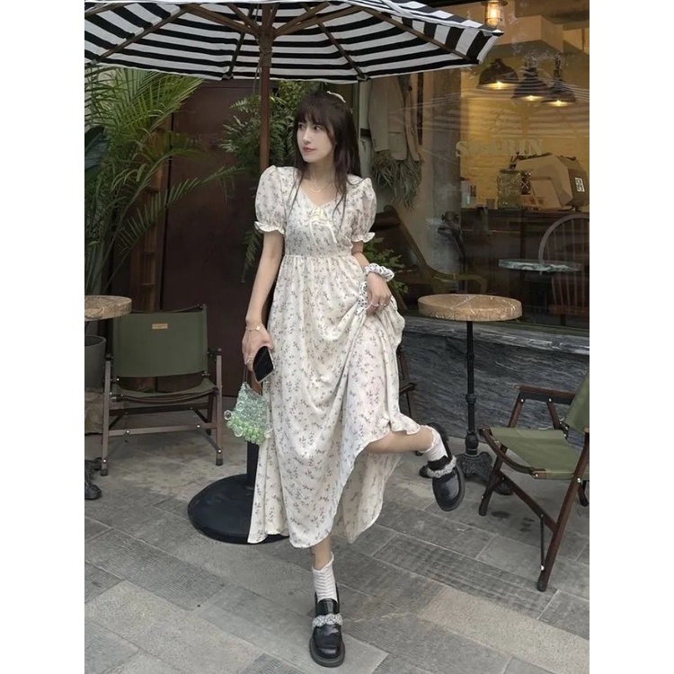 Đầm Voan Hoa Tay Phồng Thời Trang Mùa Hè Hàn Quốc 2022 Dành Cho Nữ