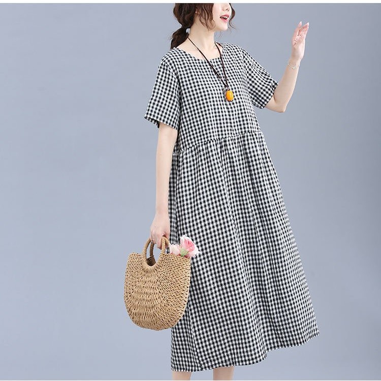 Đầm suông nữ cổ tròn ngắn tay, Váy suông nữ kẻ caro dáng dài form rộng che khuyết điểm