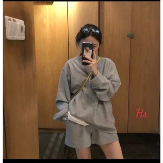 Set Áo Thun Sweater Dài Tay Trơn + Quần Short Ống Rộng Mỏng Mát Ulzzang