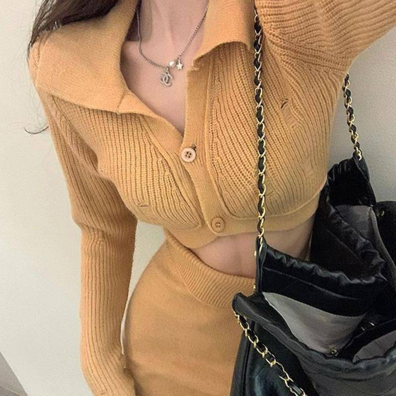 Bộ Đồ Gió Áo Dài Tay Dệt Kim Ve Áo Mùa Thu Cho Nữ + Bộ Hai Món Váy Ôm Hông