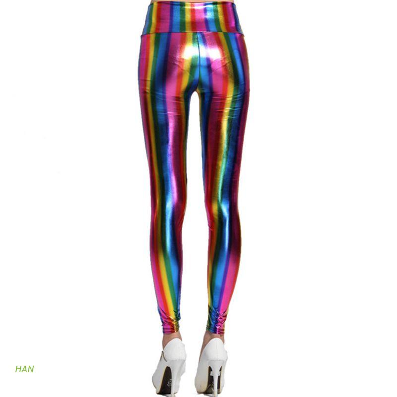 Quần Legging Giả Da Lưng Cao Họa Tiết Sọc Cầu Vồng Hologram Dành Cho Nữ