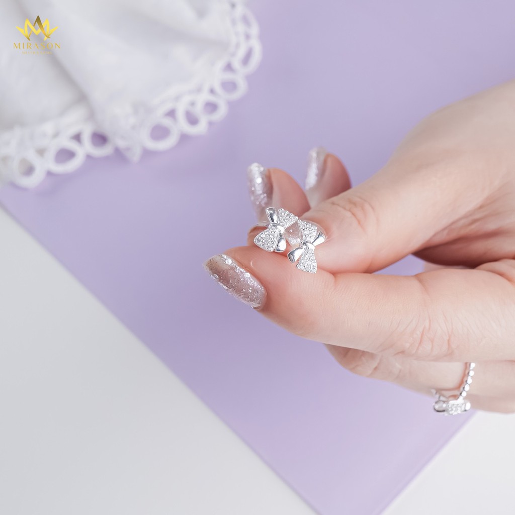 Bộ Khuyên Tai Bạc Nữ Và Nhẫn Bạc Nữ MIRASON Hình Nơ Đính Đá Xinh Xắn MCB001 - Hoa Tai, Bông Tai, Nhẫn Nữ Bạc 925 Cao Cấp