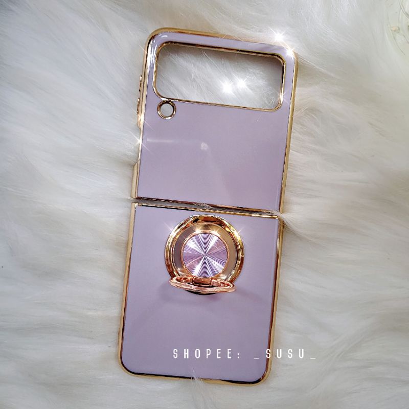 3 màu - Ốp silicon Samsung Z Flip 4 - Z Flip3 - Flip4 5G tím viền gold kèm ring lấp lánh sang trọng