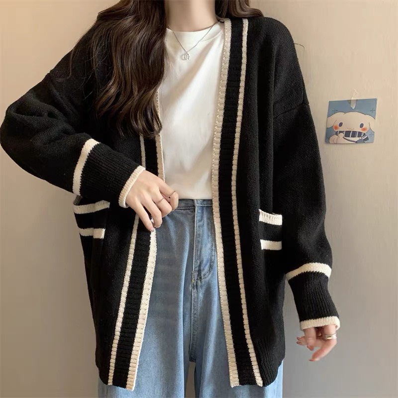 Áo khoác cardigan dày sọc đen trắng có túi Qiukan, Áo khoác len nữ dài tay form rộng phong cách Hàn Quốc
