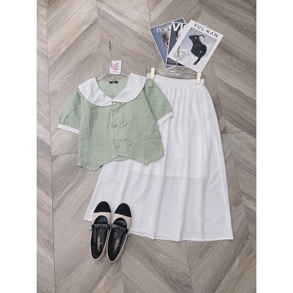 SÉT ÁO VÁY KẺ Ô CỔ SEN ÁO CHẤT ĐŨI NHĂN KẺ Ô XANH NGỌC HÀNG L1