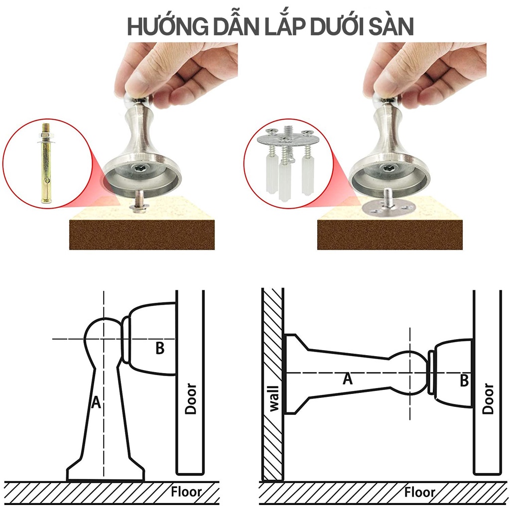 Bộ chặn cửa Inox 304 HOBBY Home Decor CC1 dán nền gạch men kèm keo dán 3M và đinh ốc có nam châm giữ cửa