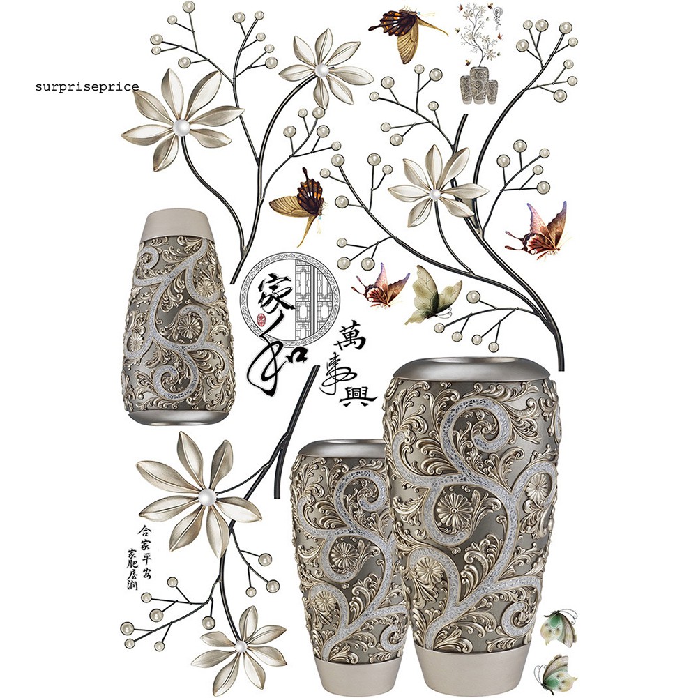 Giấy dán tường trang trí hình lọ hoa và bướm đáng yêu bắt mắt