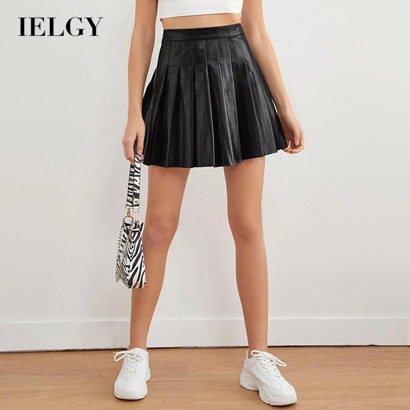 Chân váy IELGY bằng da PU dáng ngắn cạp cao xếp ly thời trang mùa hè cho nữ