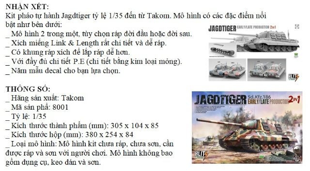 Takom 8001 Mô Hình Pháo Tự Hành Jagdtiger Sd.Kfz.186 Early / Late Production 2 in 1