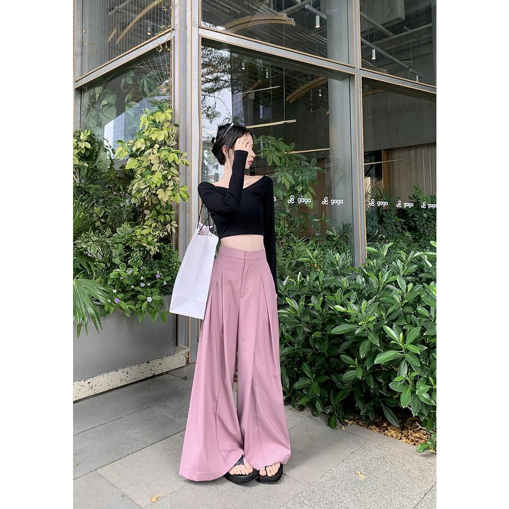 Bộ Áo Thun Cổ Phẳng + Quần Ống Rộng Lưng Cao Thời Trang 61963