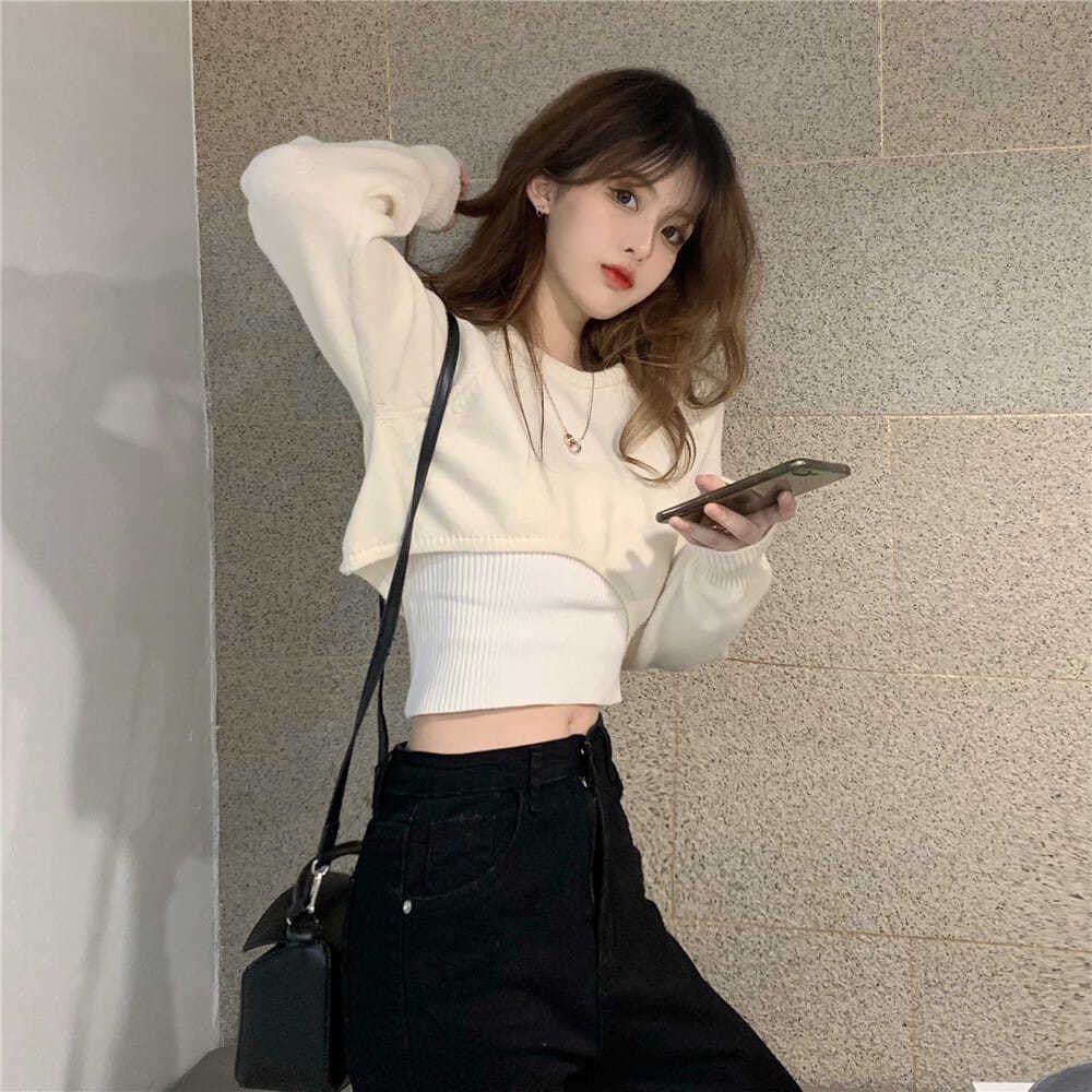 Áo dệt kim ngắn dáng rộng thời trang Hàn Quốc dễ phối đồ