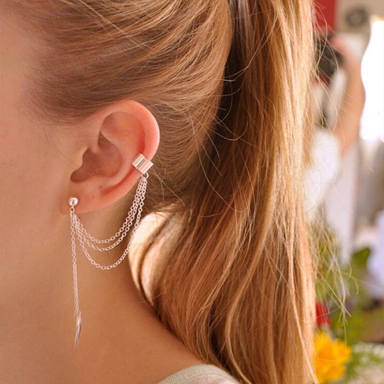 Bông tai Clip Clip mà không xuyên chuỗi lá bông tai Fringe hình học lá hợp kim