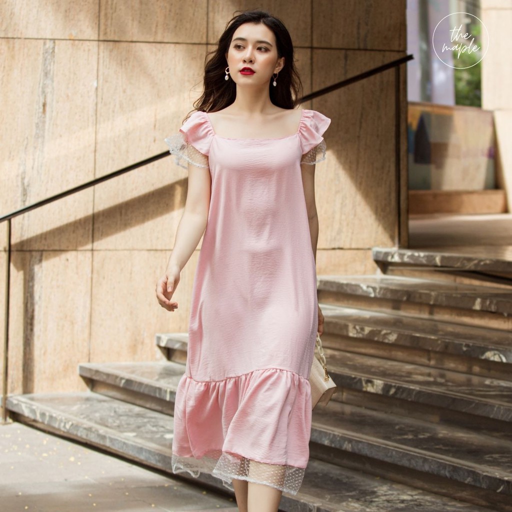 Đầm maxi phối lưới The Maple Freesize Hồng