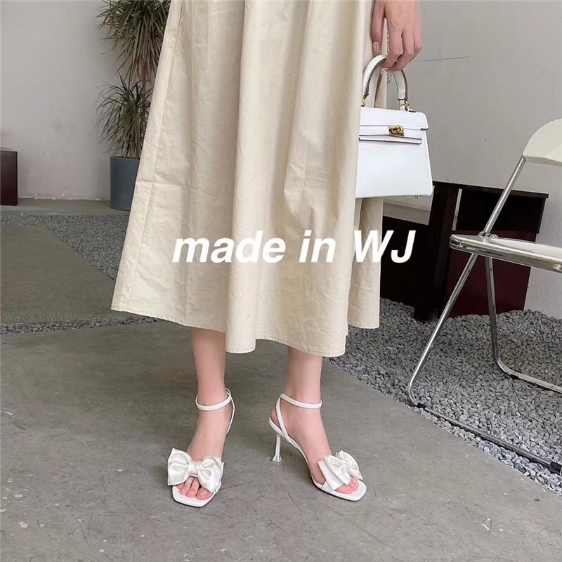 Aome - Sandals/Dép cao gót đính nơ phi lụa