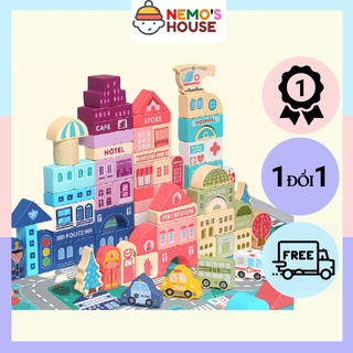 Bộ xếp hình bằng gỗ mô hình thành phố, đồ chơi mô hình gỗ, đồ chơi trí tuệ cho bé
