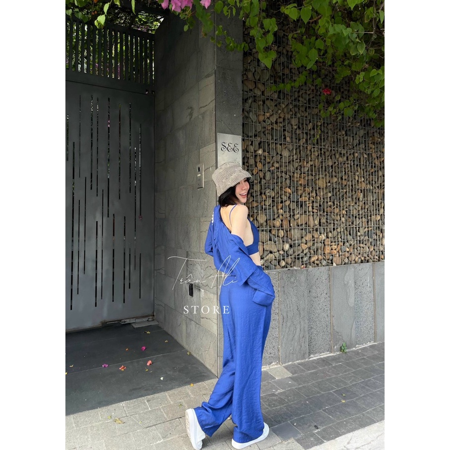 Set 3 Món Đũi Quần Suông Phối Áo 2 Dây Ngắn Kèm Áo Sơ Mi Kiểu Croptop Tay Dài