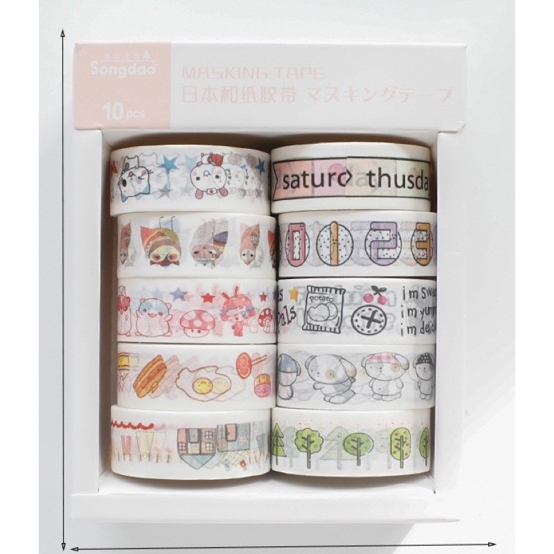 Hộp 10 Cuộn Washi Tape in Hình Hoạ Tiết Dễ Thương - Set 10 Cuộn Băng Dính Washi