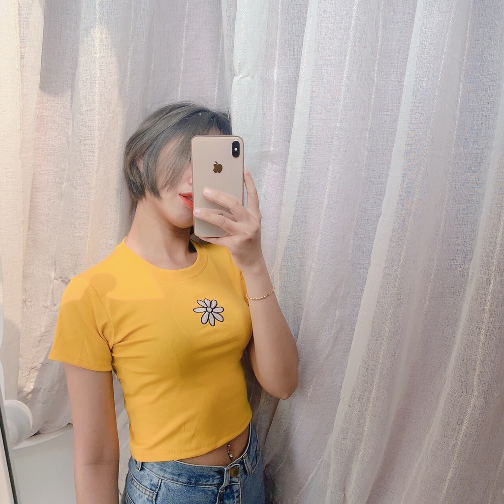 [HÌNH THẬT] ÁO THUN CROPTOP ÔM BODY NGẮN THÊU HOA CÚC BASIC - ÁO KIỂU CRT ULZANG TRƠN 87