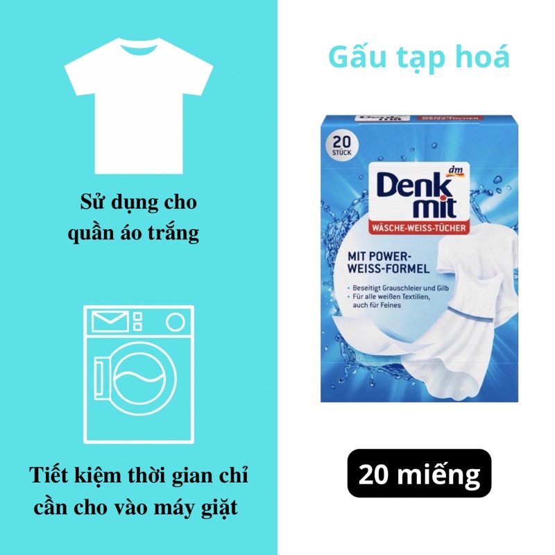 Giấy tẩy trắng quần áo Denkmit giúp tăng độ trắng sáng hộp 20 miếng - hàng nội địa Đức