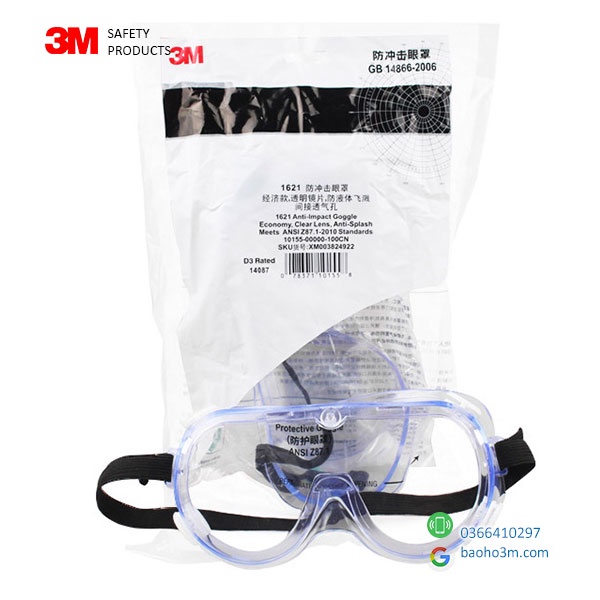 3M 1621 Kính bảo hộ chống bụi, chống dịch, chống chất lỏng, chống vật sắc nhọn, chống tia UV