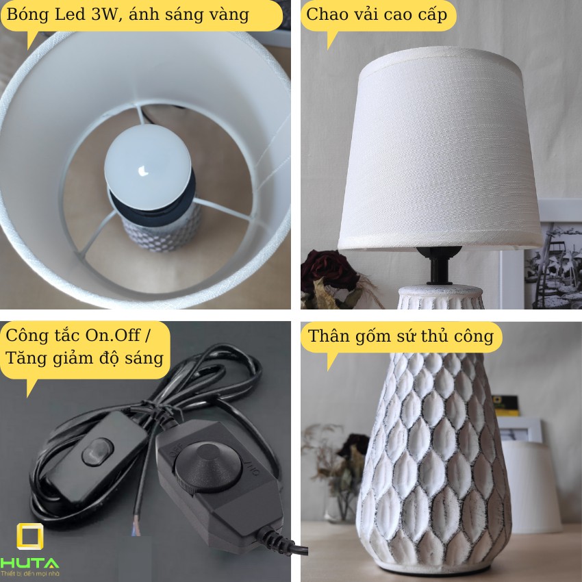 COMBO 2 Đèn Ngủ Để Bàn Thân Gốm Sứ, Dimmer Điều Chỉnh Tăng Giảm Sáng, Bóng Led, Decor, Mã S4 - Shop HUTA Light For Life