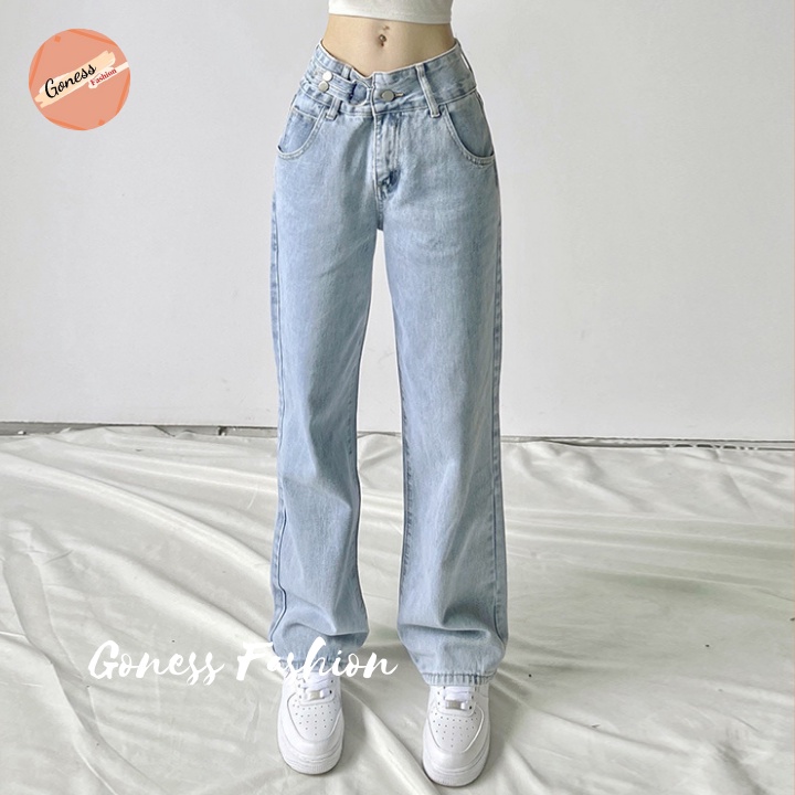 Quần jean nữ Goness ống rộng bò màu xanh cao cấp cạp cao thiết kế cúc lệch cá tính co giãn thời trang QJ19