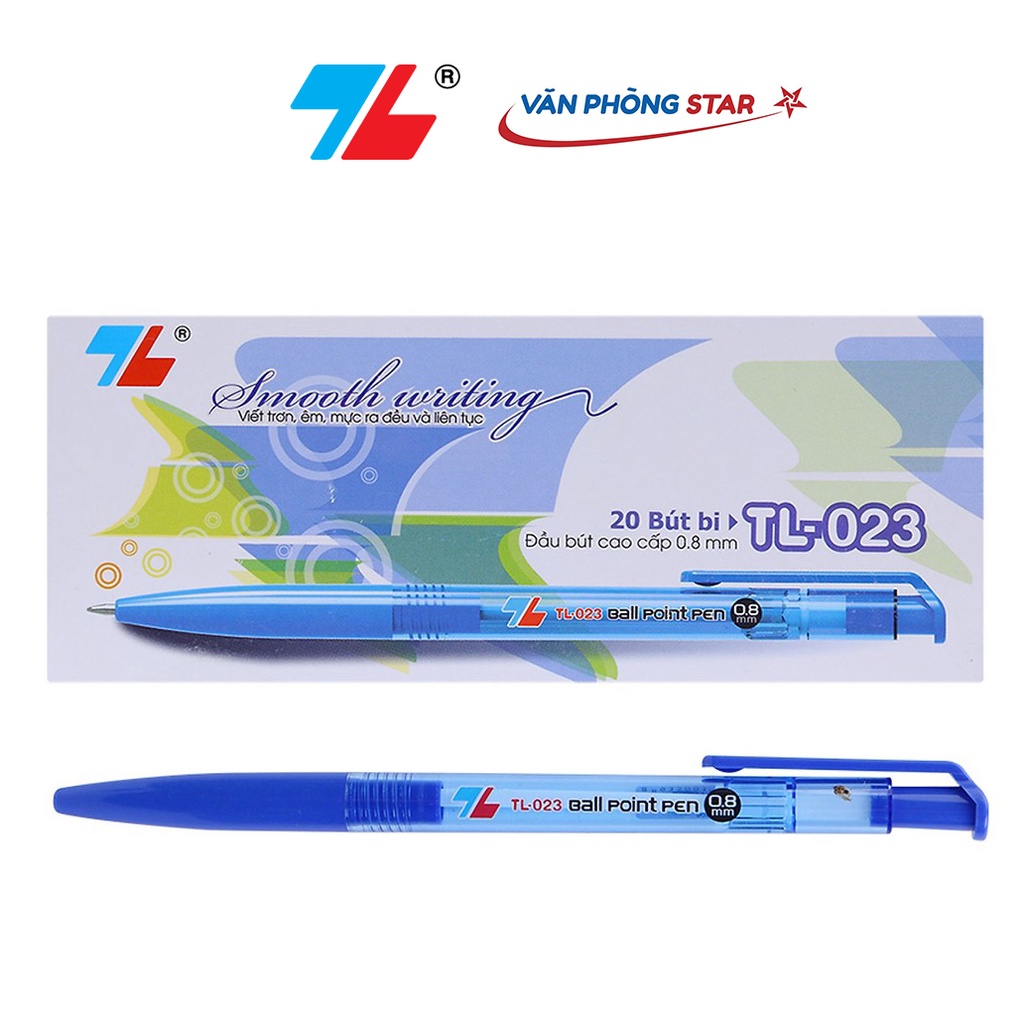 1 Hộp Bút bi TL-023 xanh số lượng 20 chiếc chính hãng Thiên Long tại Vanphongstar. Đầu bút 0.8mm viết được 1.200-1.500m