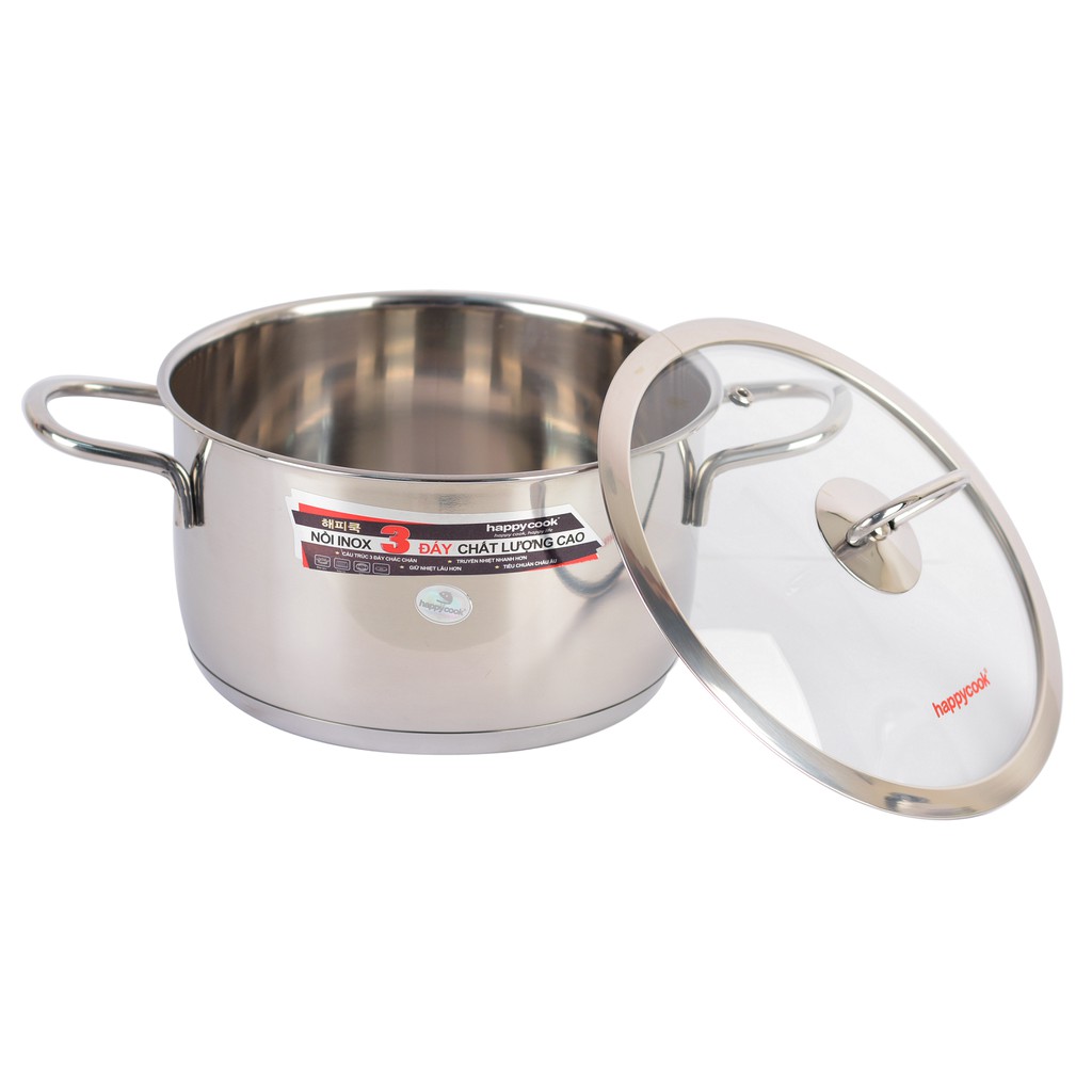 [Mã BMBAU50 giảm 7% đơn 99K] Nồi Inox Cao Cấp 3 Đáy Nắp Kiếng Happy Cook Delux 16cm N16-DLGP