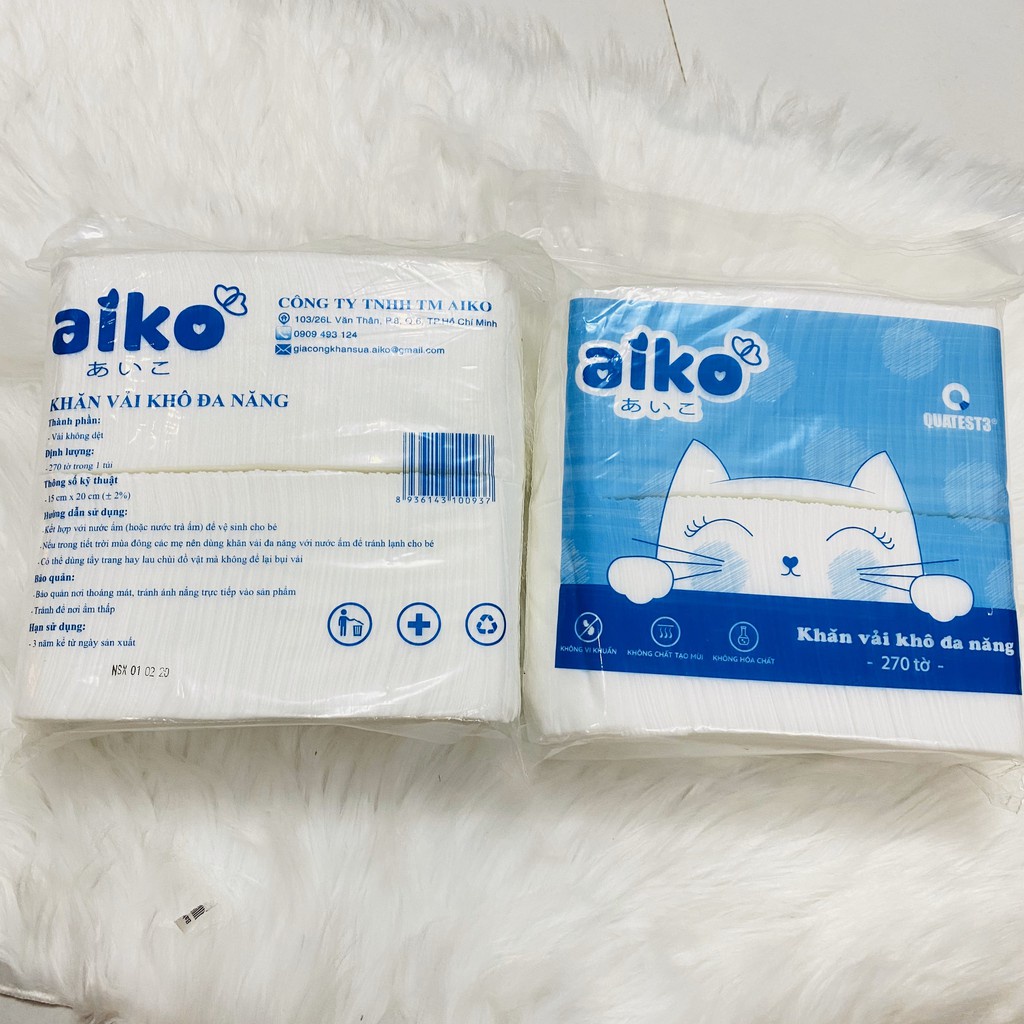 Khăn vải khô đa năng Aiko gói 270 tờ cao cấp 15x20cm